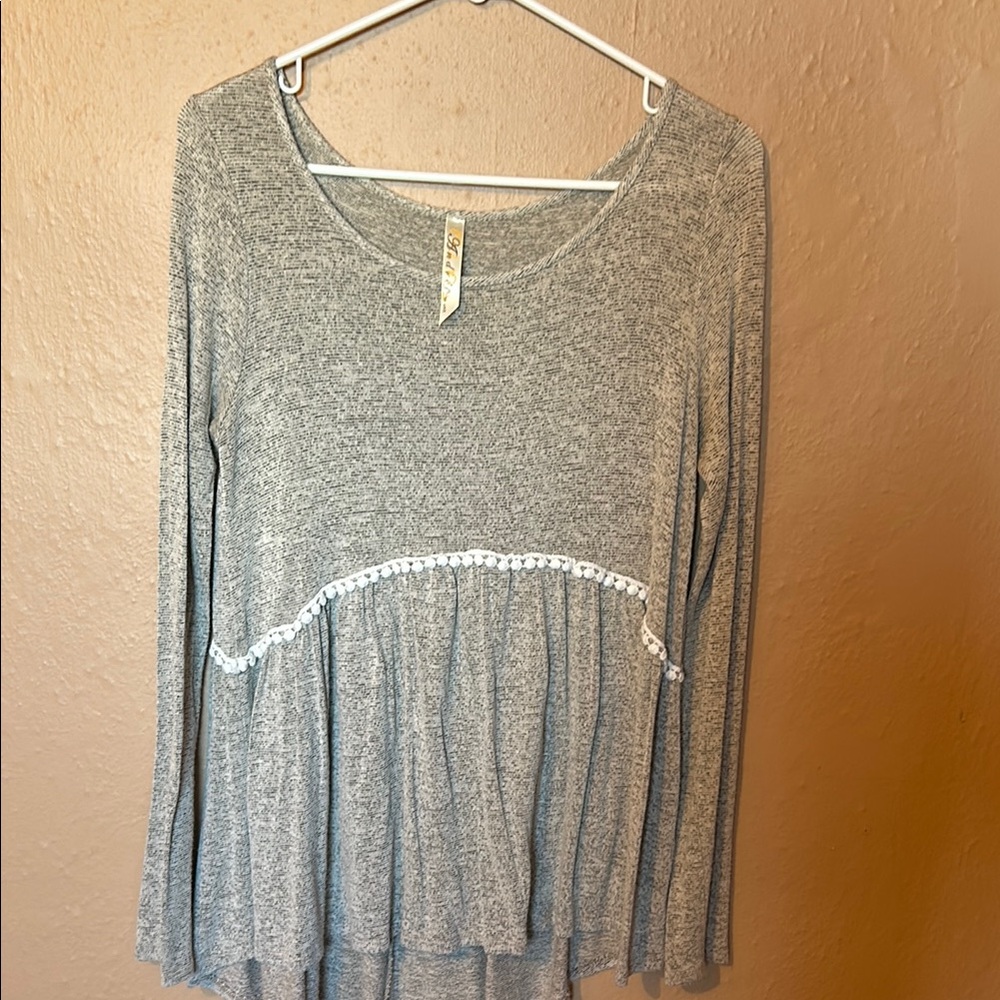 Anthropologie Gray Peplum Blouse with Wide Scoop Neck and Long Sleeves